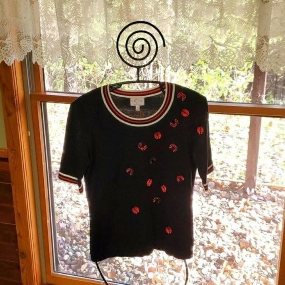 Talbots O Magazine Ladybug Sequin Striped Short Sleeve Sweater Navy Blue XS NEW